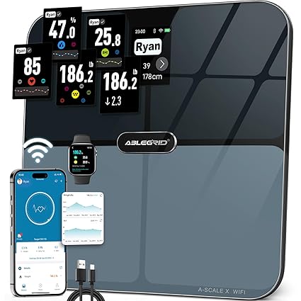 ABLEGRID Body Fat Scale, FSA HSA Eligible Smart WiFi Digital Bathroom Scale for Body Weight and Fat Percentage, 16 Accurate Body Compositions Analyzer with BMI, Heart Rate, Fitness App, Rechargeable, 400lb