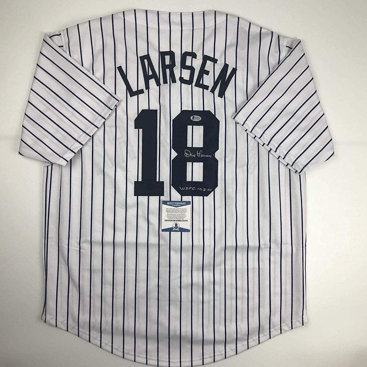 Autographed/Signed Don Larsen WS PG 10-8-56 New York Pinstripe Baseball Jersey Beckett BAS COA