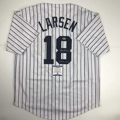 Autographed/Signed Don Larsen WS PG 10-8-56 New York Pinstripe Baseball Jersey Beckett BAS COA