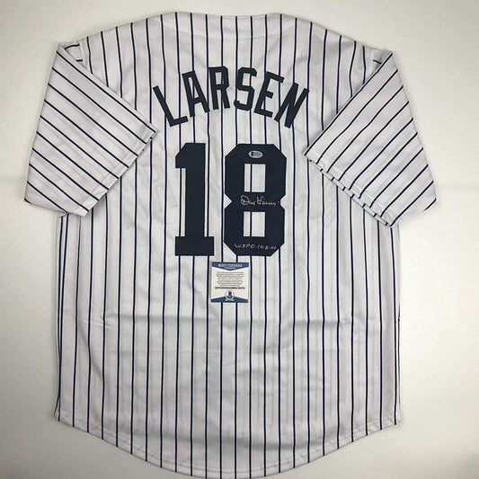 Autographed/Signed Don Larsen WS PG 10-8-56 New York Pinstripe Baseball Jersey Beckett BAS COA