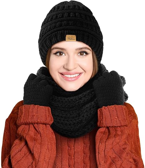 Winter Beanie Hat Scarf Gloves Set, Warm Knit Winter Hats Touchscreen Gloves Thick Neck Warmer Winter Scarf for Women