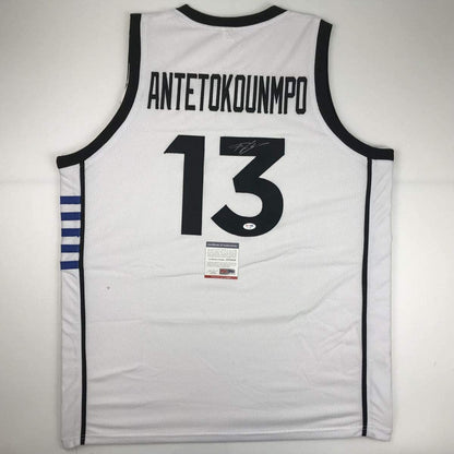 Autographed/Signed Giannis Antetokounmpo Greek Greece White Basketball Jersey PSA/DNA COA