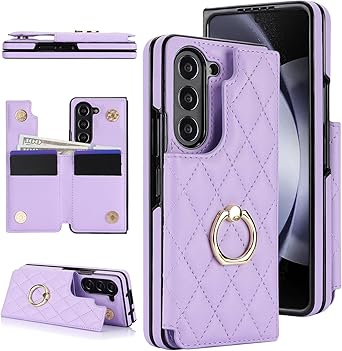 for Samsung Galaxy Z Fold 5 Wallet Case with Ring and Credit Card Holder, Cash Slot, Premium Diamond Leather Magnetic Clasp Kickstand Heavy Duty Protective Cover.(Purple)