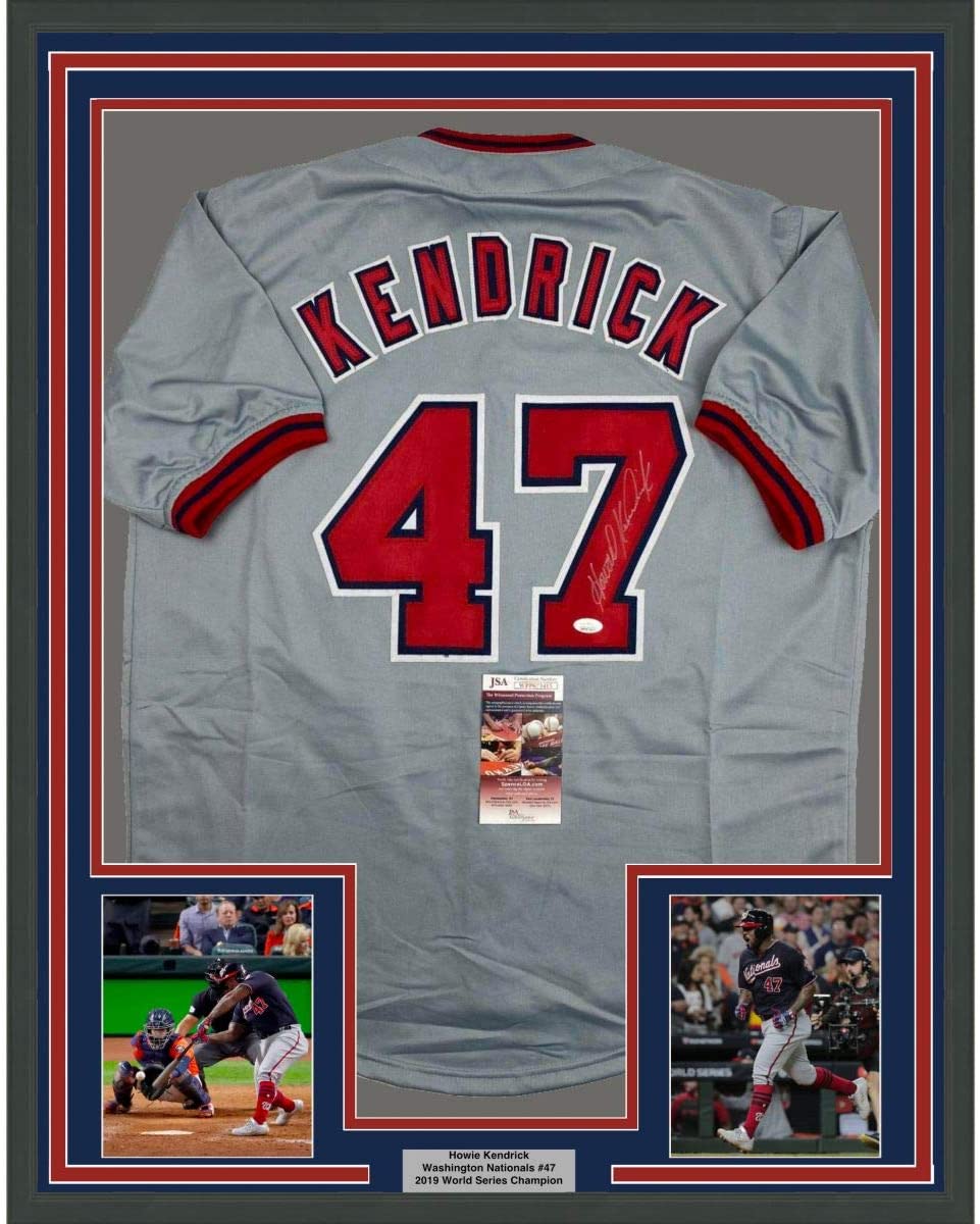 Framed Autographed/Signed Howie Kendrick 35x39 Washington Grey Baseball Jersey JSA COA
