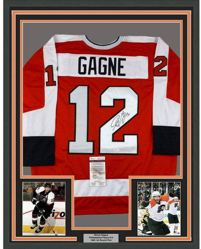 Framed Autographed/Signed Simon Gagne 35x39 Philadelphia Orange Hockey Jersey JSA COA