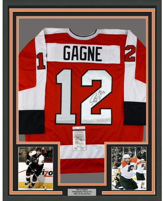 Framed Autographed/Signed Simon Gagne 35x39 Philadelphia Orange Hockey Jersey JSA COA