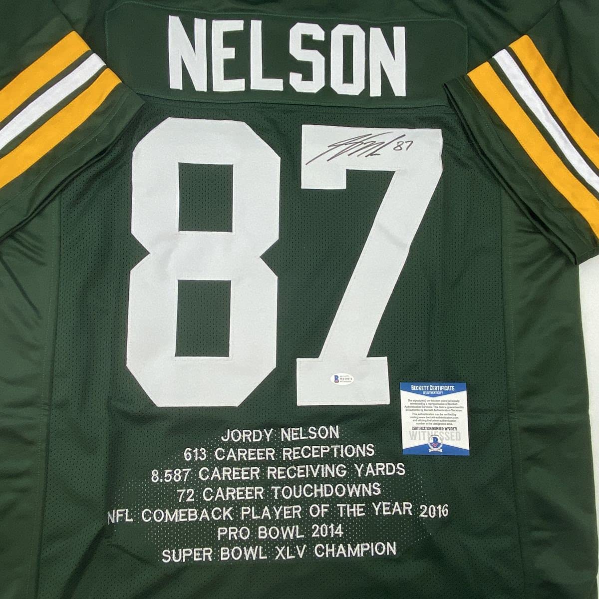 Autographed/Signed Jordy Nelson Green Bay Green Stat Football Jersey JSA COA