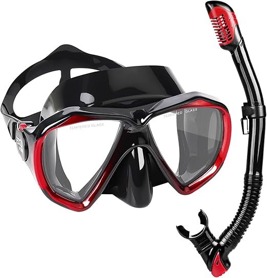 Adult Snorkel Set, Professional Snorkeling Gear Panoramic Anti-Fog Diving Goggles and Dry Snorkel Tempered Glass Scuba Mask for Diving, Snorkeling and Swimming