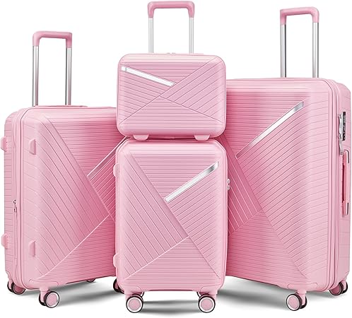 4-Piece Luggage Set, Lightweight Expandable Carry-On Set, TSA Lock, Soundproof Wheel, Aluminium Alloy Tie Rod, PP Material (PINK)