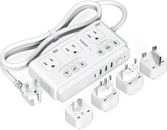 220V to 110V Voltage Converter, TESSAN Universal Travel Adapter with 4 USB Ports (1 USB C), 3 AC Sockets and EU/UK/AU/IT Plug Power Adaptor, Step Down Outlet Converters International Plug Adapter