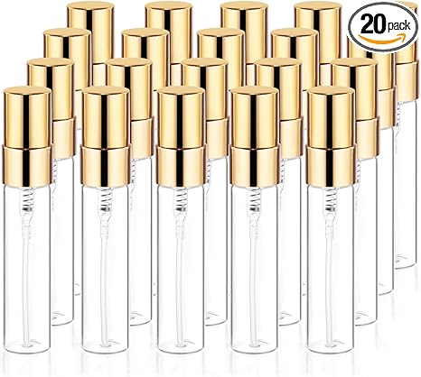 20Pcs 5ml Clear Glass Mist Spray Bottle Refillable Mini Perfume Atomizer Empty Travel Sample Bottle with Golden Aluminized Nozzle Makeup Container for Perfume, Liquid, Air Fresheners