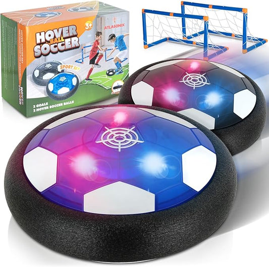 Hover Soccer 2 Balls with 2 Goals, Indoor 4-in-1 Pack, Floating Gliding Disk Toys for Ages 5-7, 6-12, 8-13, Fun Active Game for Boys and Girls, Birthday Christmas Drone Gifts, Soccer Ball Set for Kids