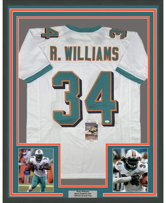 Framed Autographed/Signed Ricky Williams 35x39 Miami White Football Jersey JSA COA