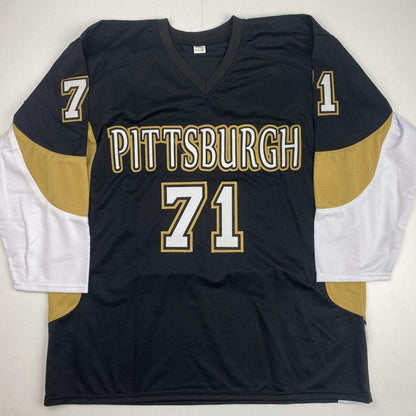 Autographed/Signed Evgeni Malkin Pittsburgh Black Hockey Jersey Beckett BAS COA