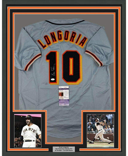 Framed Autographed/Signed Evan Longoria 35x39 San Francisco Grey Baseball Jersey JSA COA
