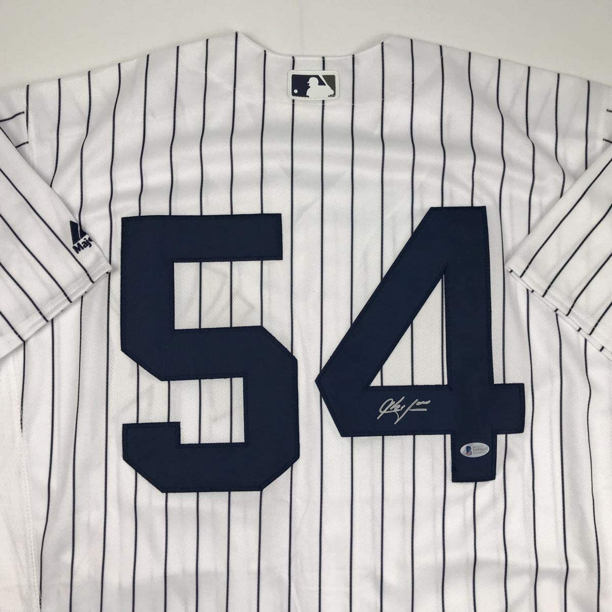 Autographed/Signed Aroldis Chapman New York Pinstripe Baseball Jersey Beckett BAS COA Holo Only