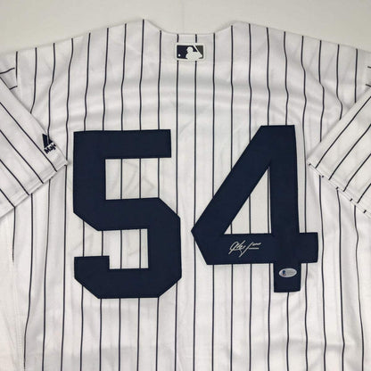 Autographed/Signed Aroldis Chapman New York Pinstripe Baseball Jersey Beckett BAS COA Holo Only
