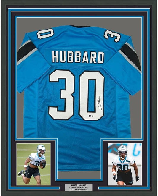 FRAMED Autographed/Signed Chuba Hubbard 35x39 Carolina Blue Football Jersey Beckett BAS COA