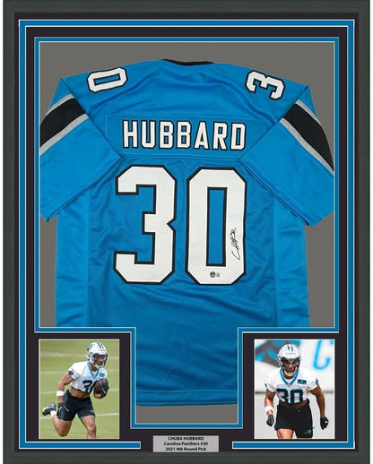 FRAMED Autographed/Signed Chuba Hubbard 35x39 Carolina Blue Football Jersey Beckett BAS COA