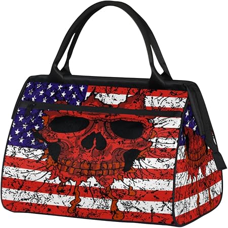American Flag Skull Travel Gym Bag - Large Capacity Tote Bag for Men, Women, Girls - Shoulder Weekender Overnight Bag for Travel, Yoga, School, Mommy Hospital Bag for Labor and Delivery