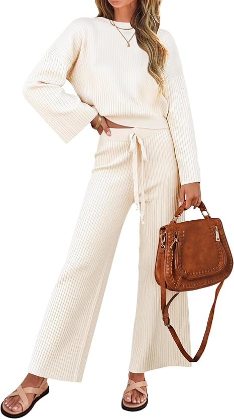 ZESICA Women's 2 Piece Outfits Set 2024 Casual Long Sleeve Knit Pullover Top and Wide Leg Pants Sweatsuit Lounge Sets