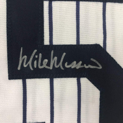 Framed Autographed/Signed Mike Mussina 35x39 New York Pinstripe Baseball Jersey JSA COA