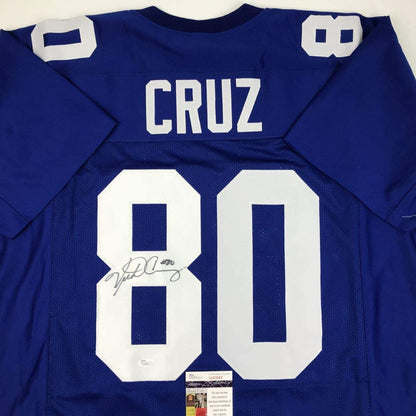 Autographed/Signed Victor Cruz New York Blue Football Jersey JSA COA