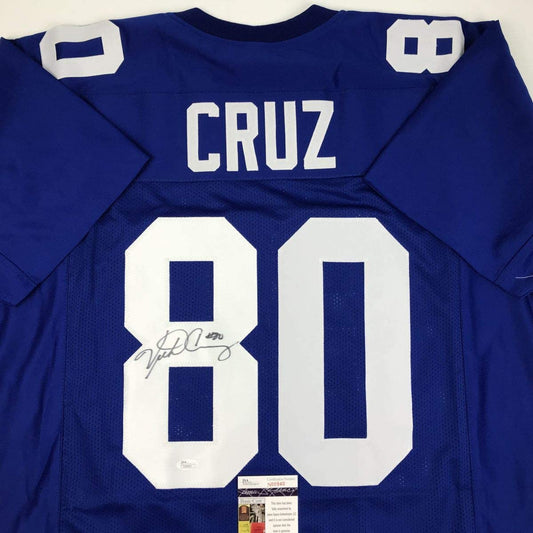 Autographed/Signed Victor Cruz New York Blue Football Jersey JSA COA