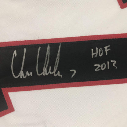 Autographed/Signed Chris Chelios HOF 2013 Chicago White Hockey Jersey JSA COA