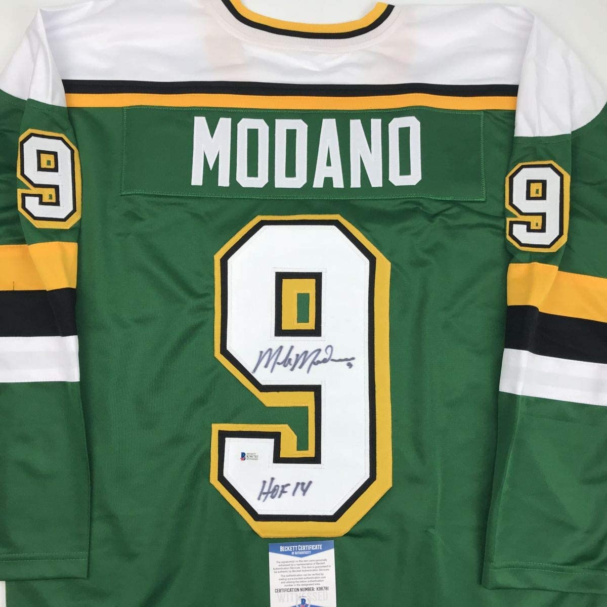 Autographed/Signed Mike Modano HOF 2014 Minnesota Green Hockey Jersey Beckett BAS COA