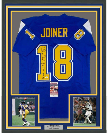 Framed Autographed/Signed Charlie Joiner HOF 96 35x39 San Diego Royal Blue/Yellow Football Jersey JSA COA