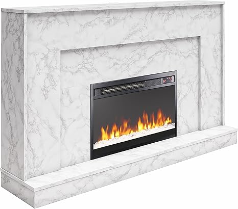 CosmoLiving by Cosmopolitan Liberty 52 Inch Electric Fireplace with Mantel, Replaceable Fireplace Insert Heater, Remote Control, Timer, Color Changing Crystal Ember Flames, White Marble