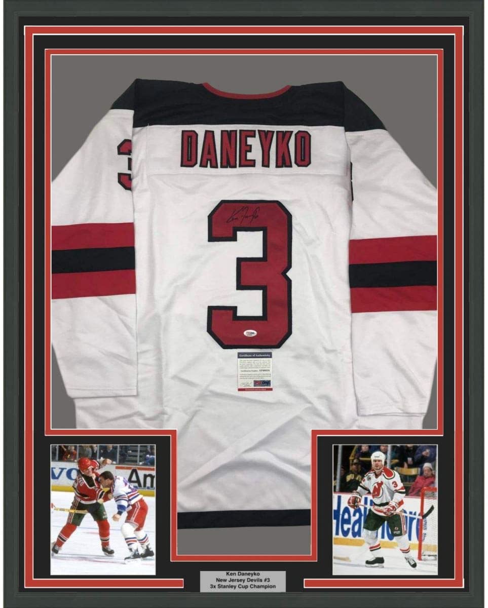 Framed Autographed/Signed Ken Daneyko 35x39 New Jersey White Hockey Jersey PSA/DNA COA