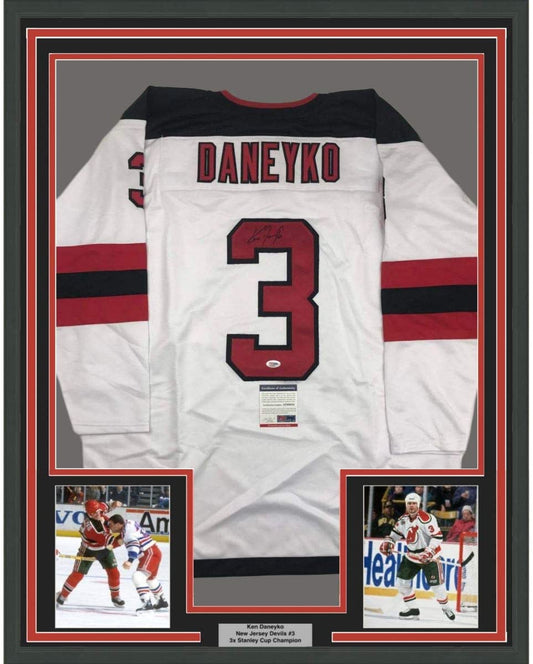 Framed Autographed/Signed Ken Daneyko 35x39 New Jersey White Hockey Jersey PSA/DNA COA