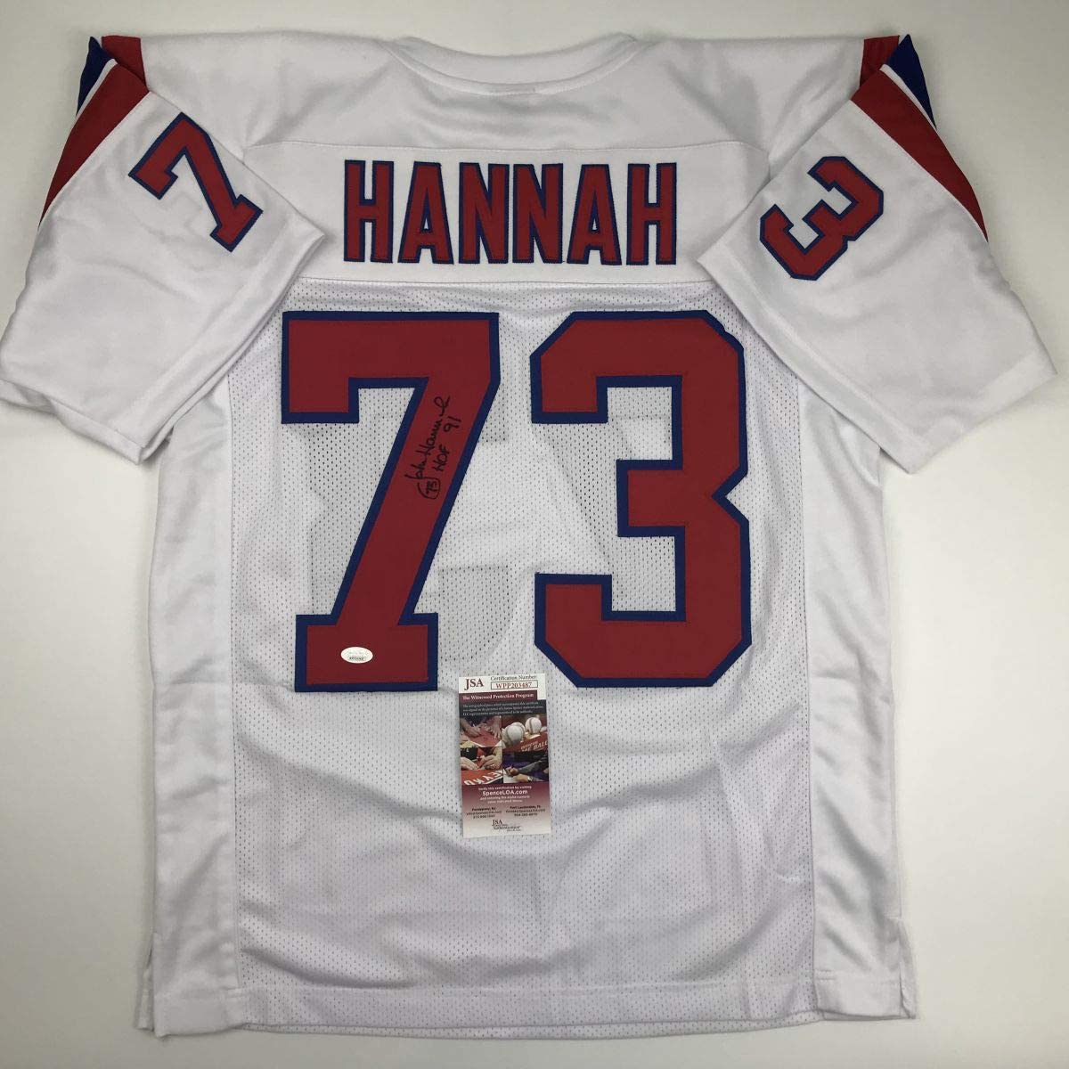 Autographed/Signed John Hannah HOF 91 New England White Football Jersey JSA COA