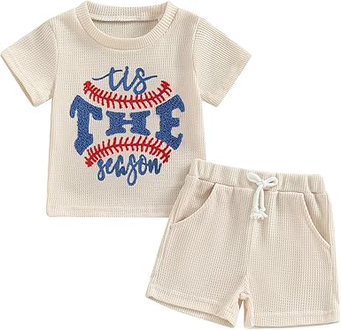 Baby Boy Baseball Outfit Letter Embroidered Short Sleeve T-Shirt Tops Shorts Set Waffle Knit Summer Clothes