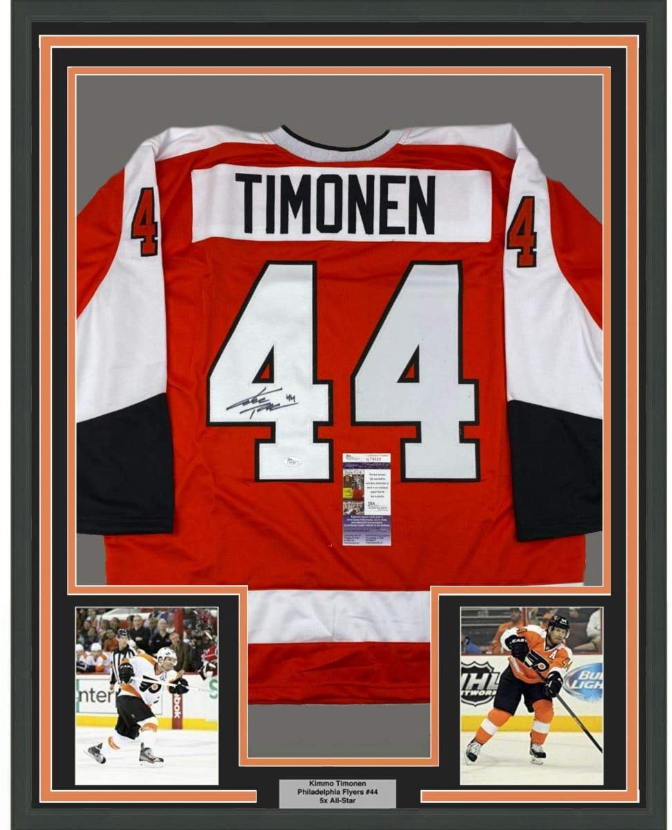 Framed Autographed/Signed Kimmo Timonen 35x39 Philadelphia Orange Hockey Jersey JSA COA