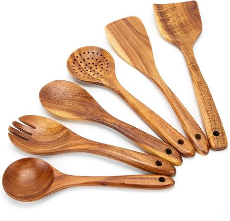6 Piece Wooden Spoons for Cooking, Smooth Finish Teak Wooden Utensils for Cooking, Comfort-Grip Wood Spoons for Cooking, Non-Stick Wooden Cooking Utensils, Teak Wooden Spoon Sets (6 PCS)