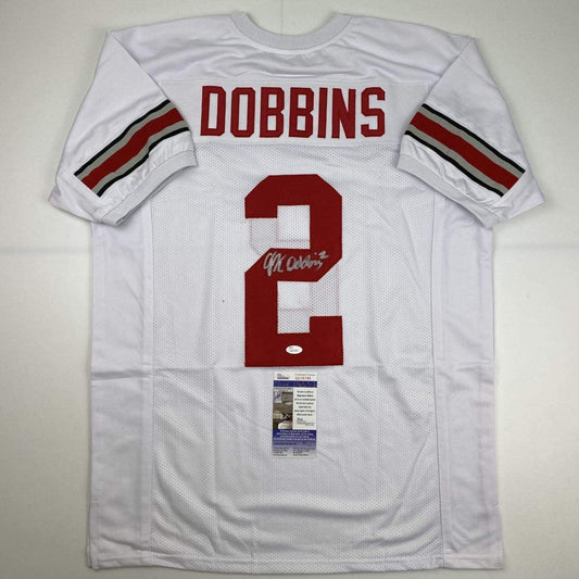 Autographed/Signed JK J.K. Dobbins Ohio State White College Football Jersey JSA COA