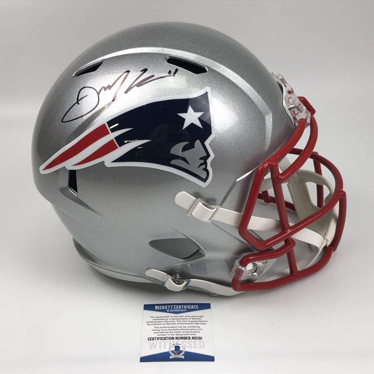 Autographed/Signed Julian Edelman New England Patriots Full Size FS F/S Replica Football Helmet Beckett BAS COA