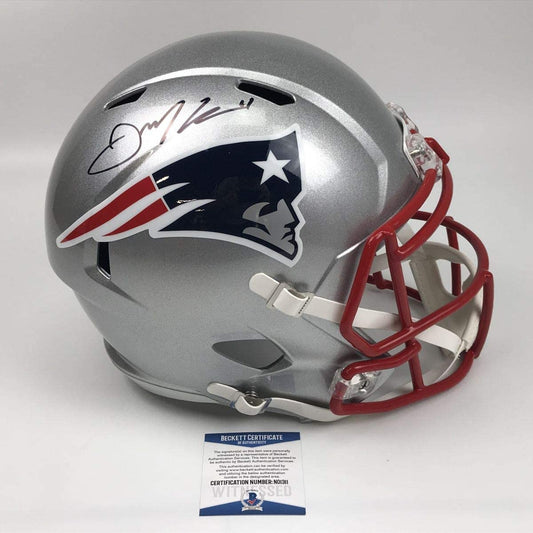 Autographed/Signed Julian Edelman New England Patriots Full Size FS F/S Replica Football Helmet Beckett BAS COA