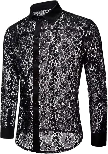 Floral Embroidery Lace Shirt Men Transparent Dress Shirts Men's Club Party Black Shirt Male