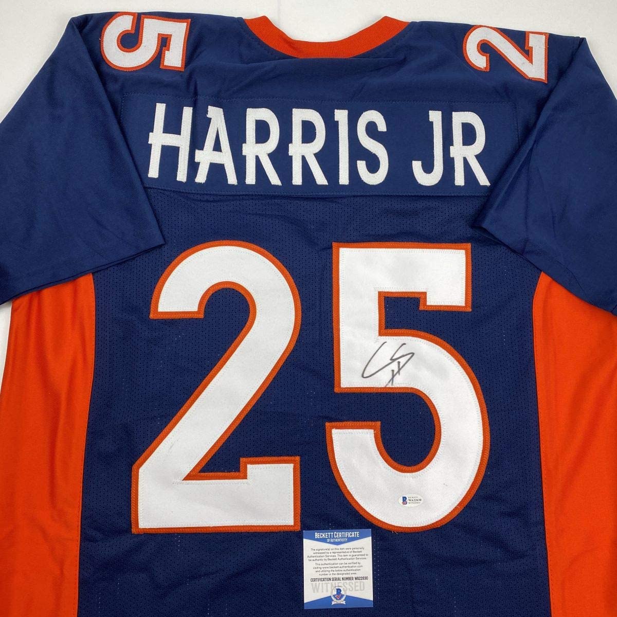 Autographed/Signed Chris Harris Jr. Denver Blue Football Jersey Beckett BAS COA