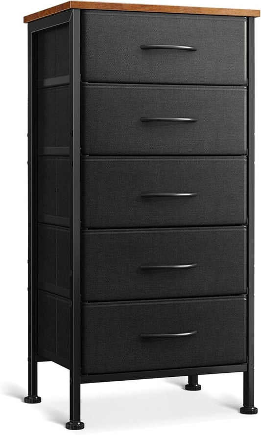 Casaottima Small Dresser for Bedroom with 5 Storage Drawers, 31" Tall Dresser Chest of Drawers End Table for Living Room, Fabric Dresser with Sturdy Steel Frame, Vintage and Black