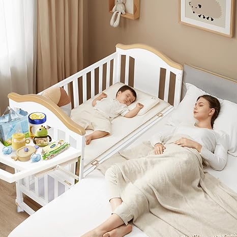 Baby Bassinets Bedside Sleeper - 6 in 1 Pine Wood Baby Bassinet, 2-Layer Bedside Bassinet with Floating Shelf, Bassinet Bedside Sleeper Mini Crib with Mattress for Newborn, White