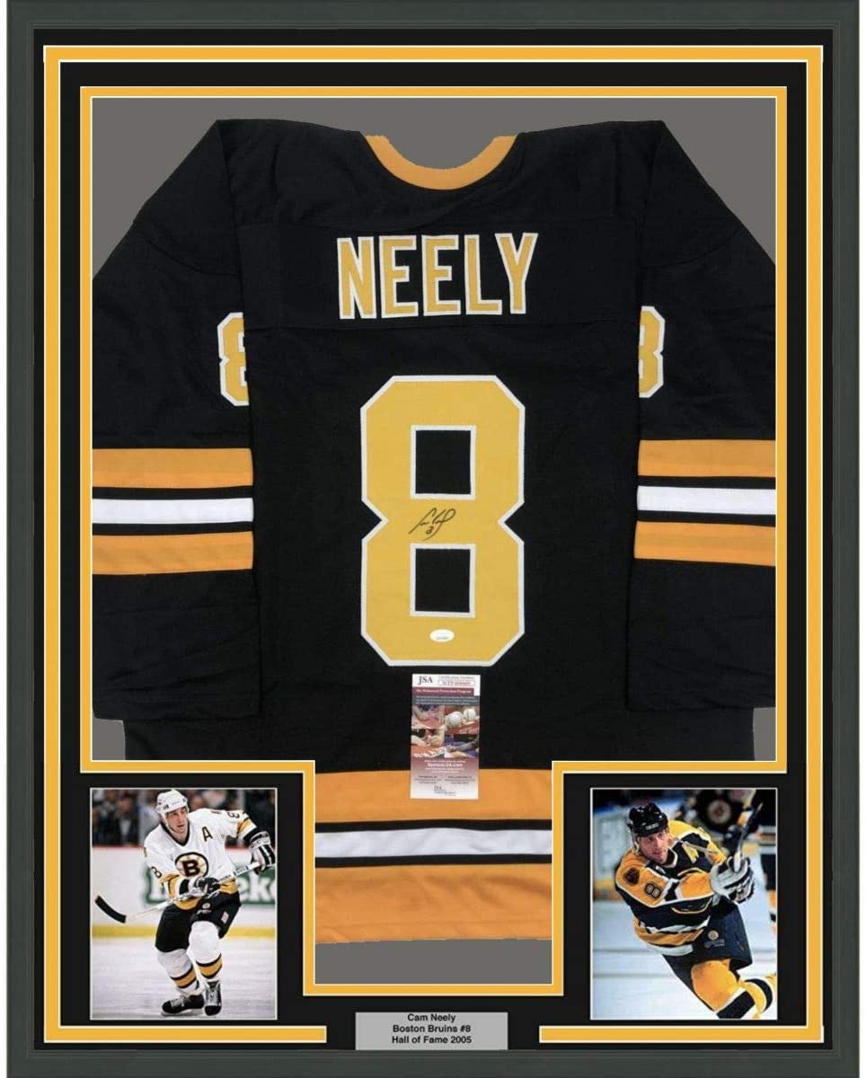 Framed Autographed/Signed Cam Neely 35x39 Boston Black Hockey Jersey JSA COA