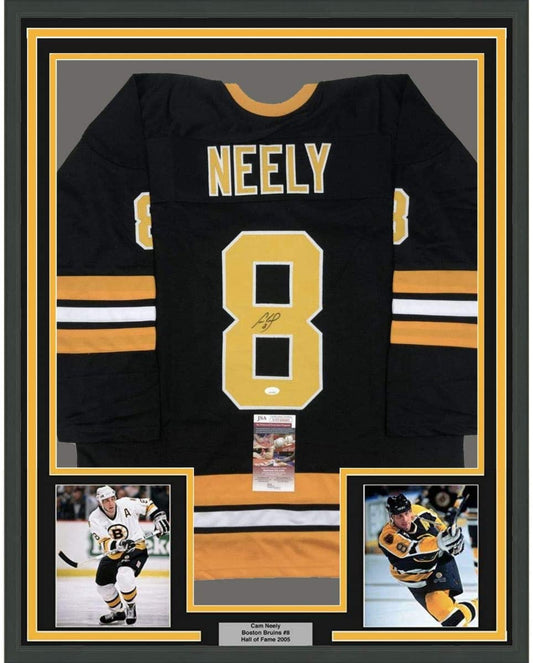 Framed Autographed/Signed Cam Neely 35x39 Boston Black Hockey Jersey JSA COA
