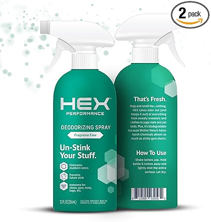HEX Performance Deodorizing Spray, Fragrance Free, 12oz (Pack of 2) - Awesome for Shoes, Gear, Activewear & Fabrics, Yoga Mats & Gym Equipment, Carpet, Pets, Odor Eliminator & Fabric Refresher Spray