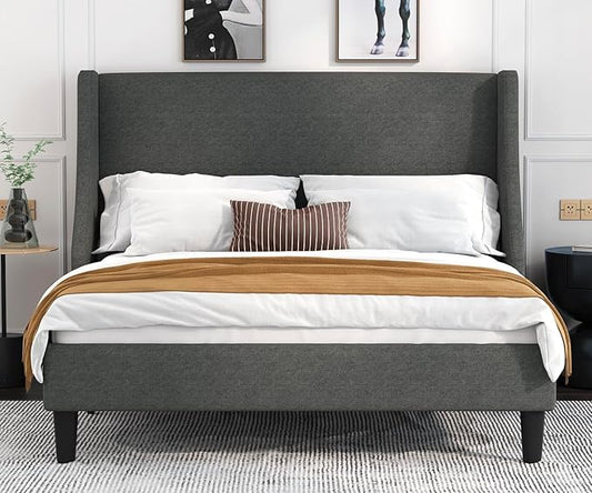 Allewie Queen Bed Frame, Platform Bed Frame Queen Size with Upholstered Headboard, Modern Deluxe Wingback, Wood Slat Support, Mattress Foundation, Light Grey