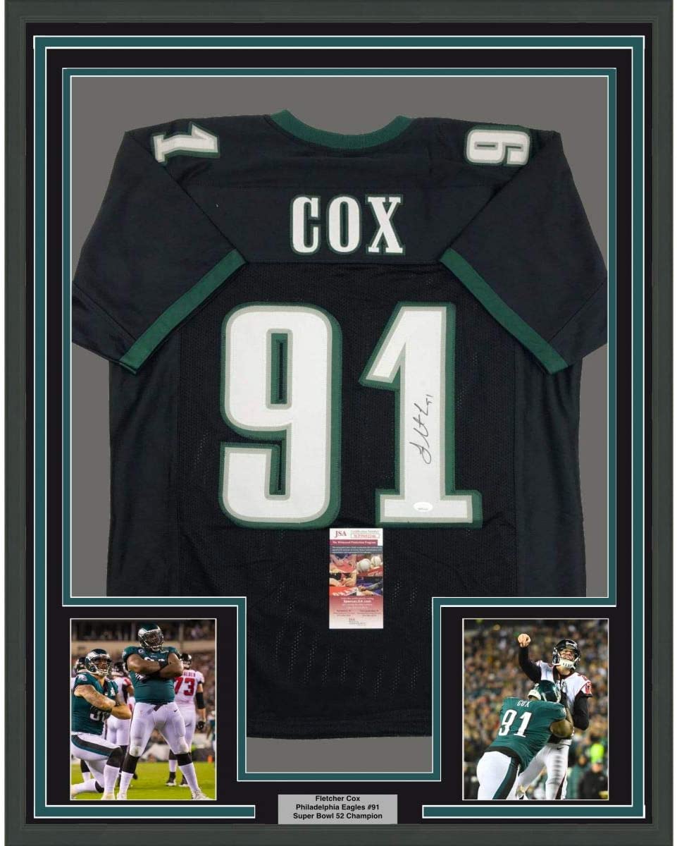 Framed Autographed/Signed Fletcher Cox 35x39 Philadelphia Black Football Jersey JSA COA